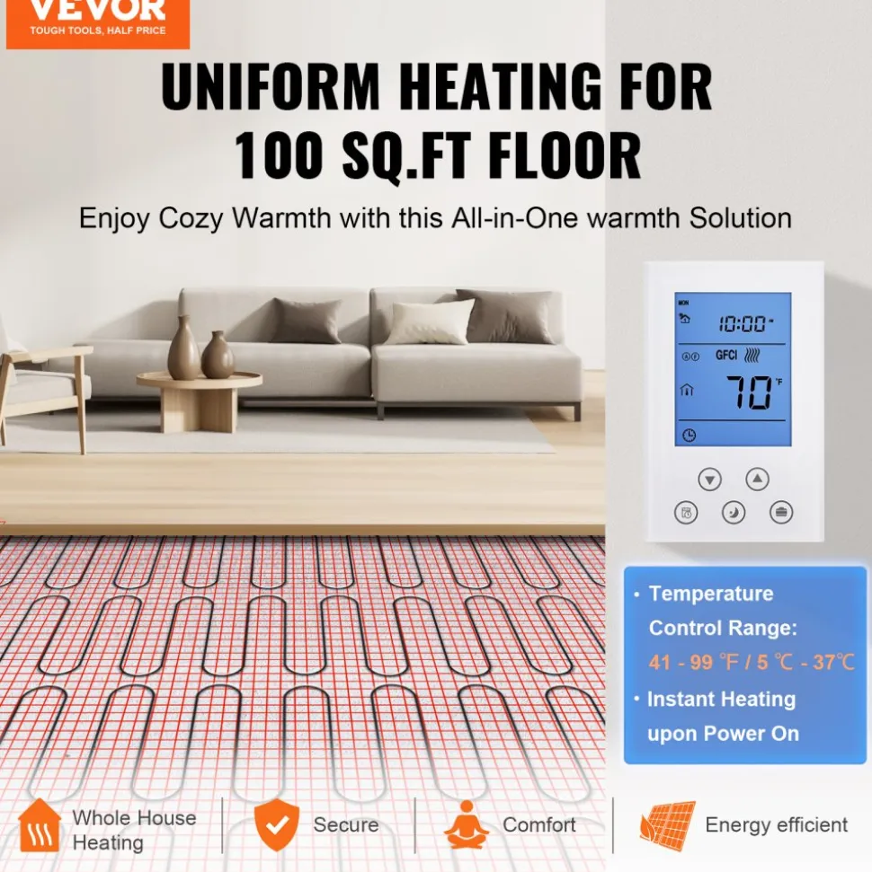 VEVOR Floor Heating Mat,100Sq.ft. 14℉-113℉ Electric Radiant Floor Heated Warm System with Digital Floor Sensing Thermostat, 110-120V Includes Installation Monitor, Adhesive Back for Easy Installation