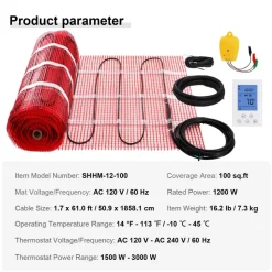 VEVOR Floor Heating Mat,100Sq.ft. 14℉-113℉ Electric Radiant Floor Heated Warm System with Digital Floor Sensing Thermostat, 110-120V Includes Installation Monitor, Adhesive Back for Easy Installation
