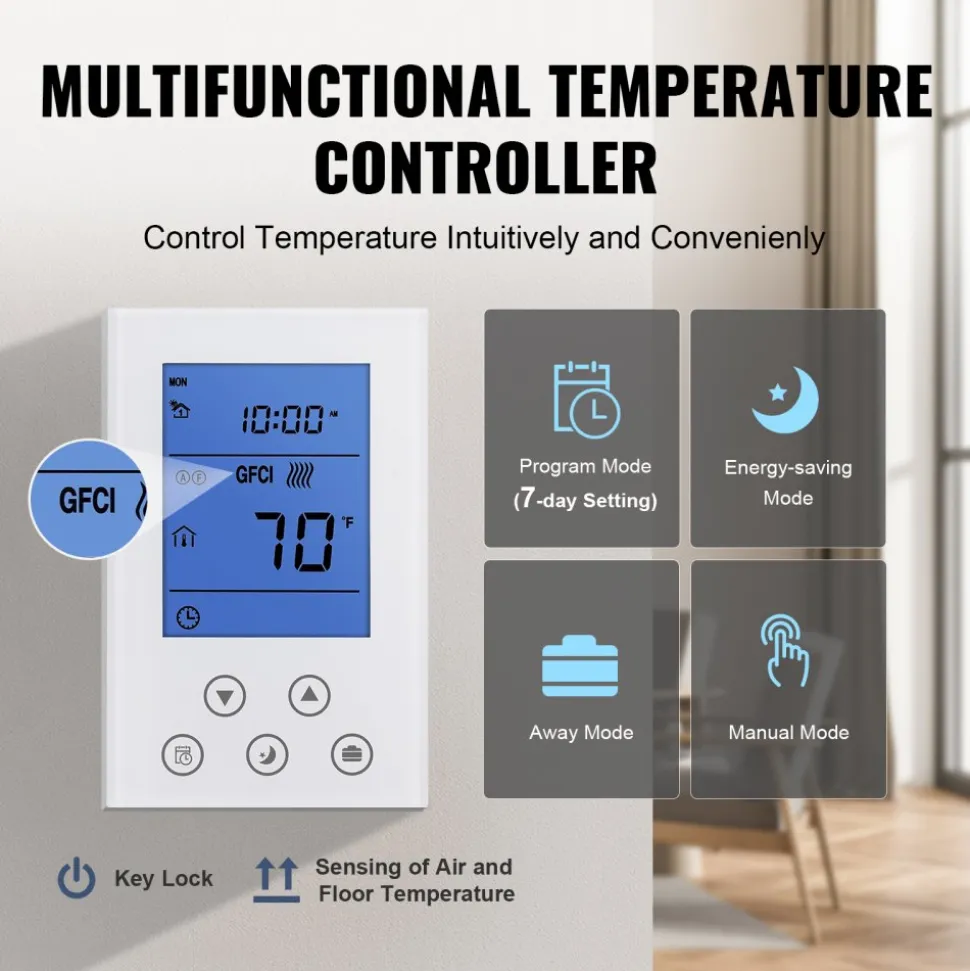 VEVOR Floor Heating Mat,100Sq.ft. 14℉-113℉ Electric Radiant Floor Heated Warm System with Digital Floor Sensing Thermostat, 110-120V Includes Installation Monitor, Adhesive Back for Easy Installation