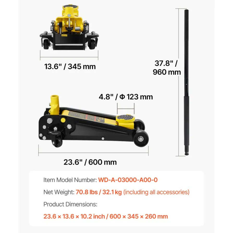 VEVOR Floor Jack, 3 Ton Low Profile Floor Jack, Heavy-duty Steel Racing Floor Jack with Single Piston Quick Lift Pump, Floor Jack Lifting Range 5.12"-20"