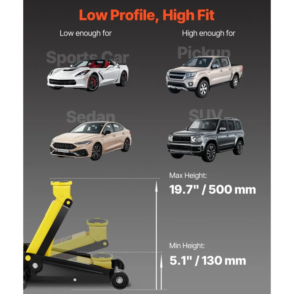 VEVOR Floor Jack, 3 Ton Low Profile Floor Jack, Heavy-duty Steel Racing Floor Jack with Single Piston Quick Lift Pump, Floor Jack Lifting Range 5.12"-20"