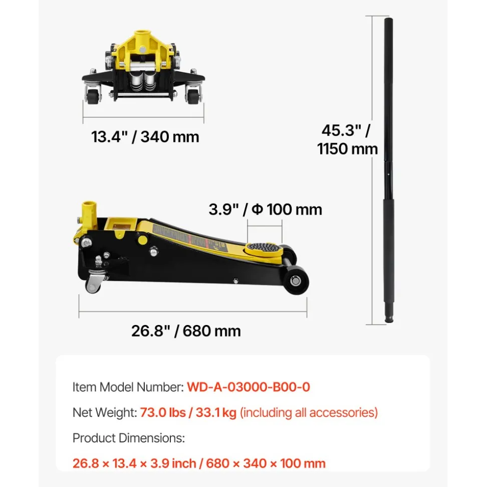VEVOR Floor Jack, 3 Ton Low Profile Floor Jack, Heavy-duty Steel Racing Floor Jack with Dual Pistons Quick Lift Pump, Floor Jack Lifting Range 3.35"-19.69"