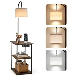 VEVOR Floor Lamp with Table, Narrow 3-Tier End Table with Open Shelves & 3 Color Temperature Lighting, Side Nightstand Bedside Desk with USB & Type C & AC Charging Port for Living Room, Bedroom, Dorm
