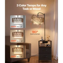 VEVOR Floor Lamp with Table, 2-Tier End Table with 2 Drawers and 3 Color Temperature LED Bulb, Modern Side Nightstand Bedside Desk with USB & Type C & AC Charging Port for Living Room, Bedroom, Dorm