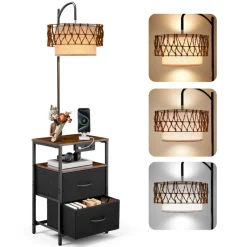 VEVOR Floor Lamp with Table, 2-Tier End Table with 2 Drawers and 3 Color Temperature LED Bulb, Modern Side Nightstand Bedside Desk with USB & Type C & AC Charging Port for Living Room, Bedroom, Dorm