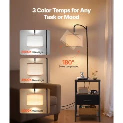 VEVOR Floor Lamp with Table, 3-Tier End Table with Drawer and 3 Color Temperature Lighting, Modern Side Nightstand Bedside Desk with USB & Type C & AC Charging Port for Living Room, Bedroom, Dorm