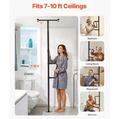 VEVOR Floor-to-Ceiling Transfer Pole, Tension Mounted Bathroom Grab Bar with Anti-Slip Curve Handle, 300 Lbs Capacity Security Pole for Elderly, Ideal Senior Safety Pole for 7-10 Ft Ceilings, Black