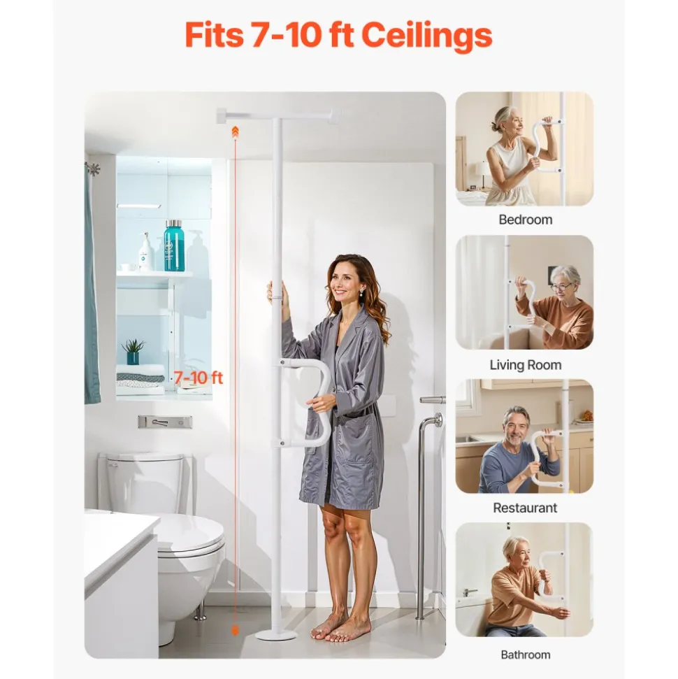 VEVOR Floor-to-Ceiling Transfer Pole, Tension Mounted Bathroom Grab Bar with Anti-Slip Curve Handle, 300 Lbs Capacity Security Pole for Elderly, Ideal Senior Safety Pole for 7-10 Ft Ceilings, White
