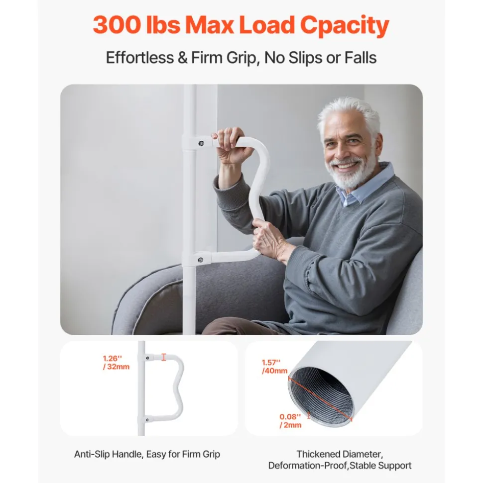 VEVOR Floor-to-Ceiling Transfer Pole, Tension Mounted Bathroom Grab Bar with Anti-Slip Curve Handle, 300 Lbs Capacity Security Pole for Elderly, Ideal Senior Safety Pole for 7-10 Ft Ceilings, White