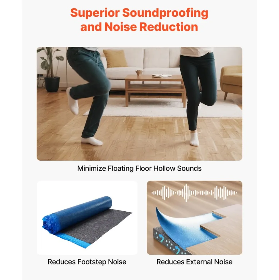 VEVOR Floor Underlayment 100 sq. ft/Roll, 3 mm Thick Laminate Flooring Padding with Attached Vapor Barrier, Heavy Duty Fiber + PE Film, Soundproofing & Noise Reduction, Ideal for Vinyl Wood