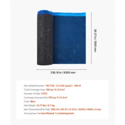 VEVOR Floor Underlayment 100 sq. ft/Roll, 3 mm Thick Laminate Flooring Padding with Attached Vapor Barrier, Heavy Duty Fiber + PE Film, Soundproofing & Noise Reduction, Ideal for Vinyl Wood