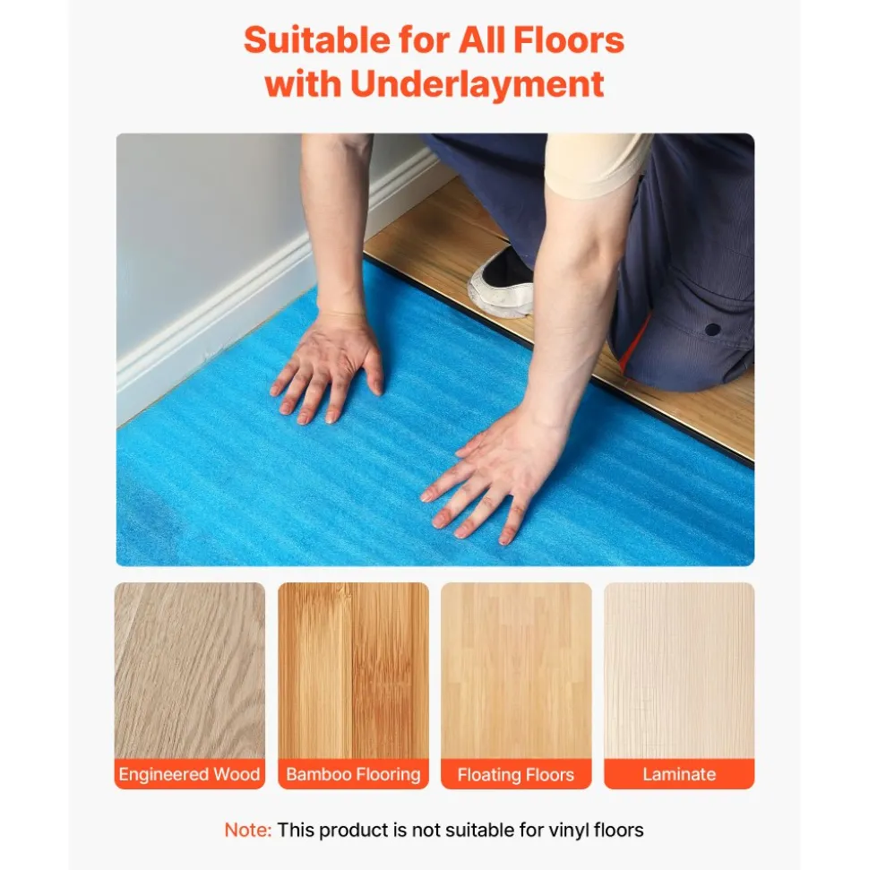 VEVOR Floor Underlayment 600 sq. ft, 3-in-1 2 mm Thick Flooring Padding with Tape & Vapor Barrier, Heavy Duty EPE Foam Soundproofing & Noise Reduction, for Laminate Wood (6 Rolls x 100 sq. ft)