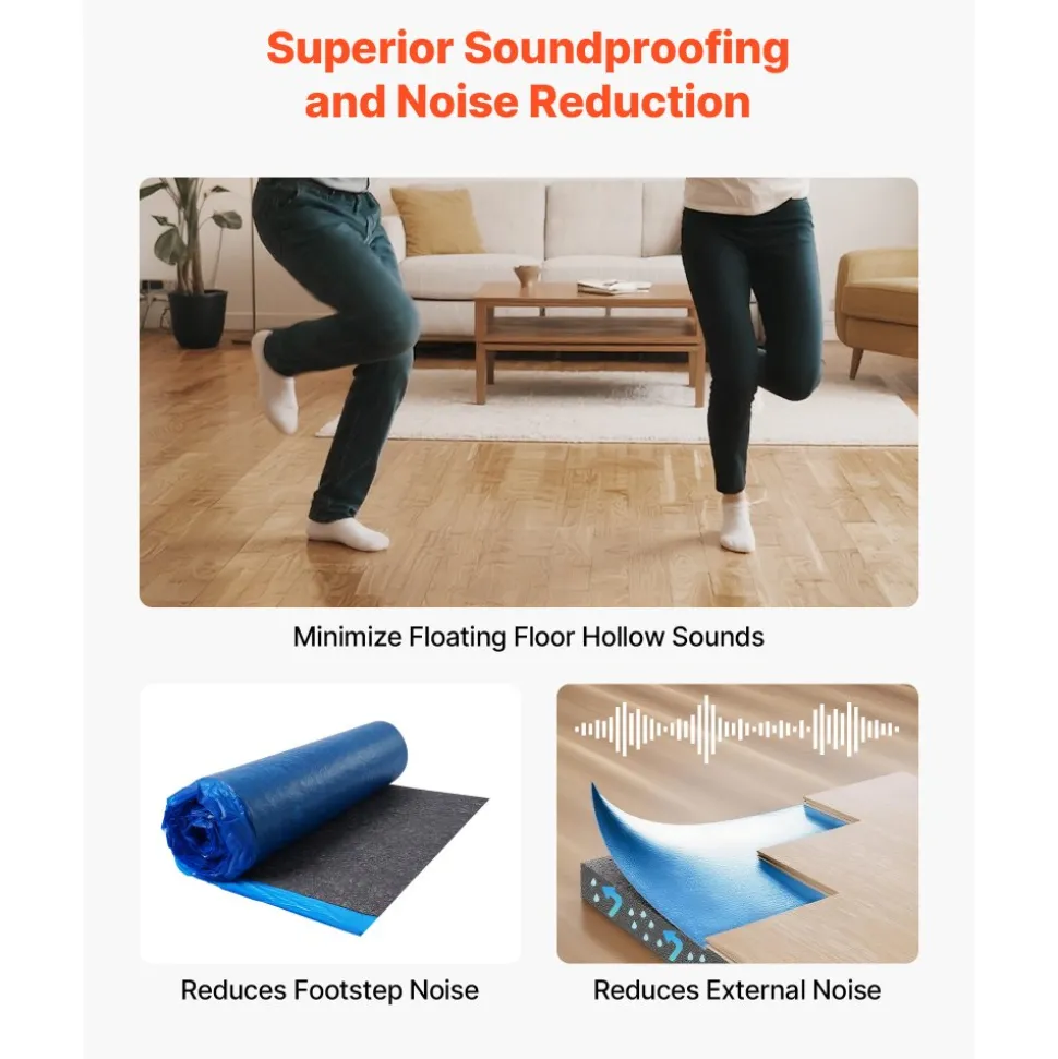 VEVOR Floor Underlayment 200 sq. ft/Roll, 3 mm Thick Laminate Flooring Padding with Attached Vapor Barrier, Heavy Duty Fiber + PE Film, Soundproofing & Noise Reduction, Ideal for Laminate Wood Floors