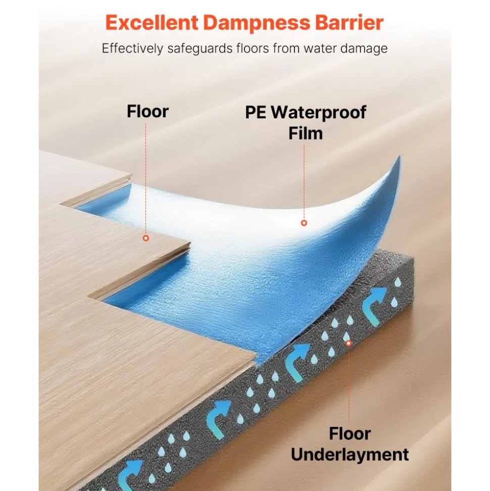 VEVOR Floor Underlayment 200 sq. ft/Roll, 3 mm Thick Laminate Flooring Padding with Attached Vapor Barrier, Heavy Duty Fiber + PE Film, Soundproofing & Noise Reduction, Ideal for Laminate Wood Floors
