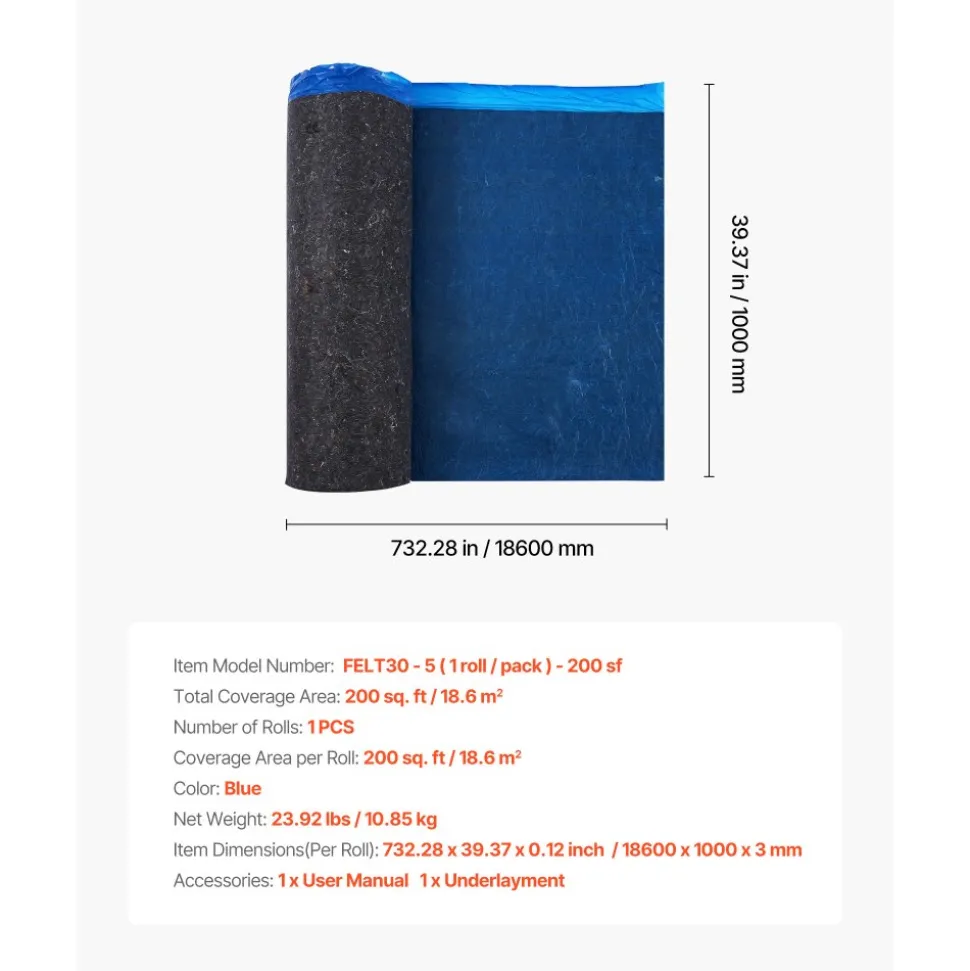 VEVOR Floor Underlayment 200 sq. ft/Roll, 3 mm Thick Laminate Flooring Padding with Attached Vapor Barrier, Heavy Duty Fiber + PE Film, Soundproofing & Noise Reduction, Ideal for Laminate Wood Floors