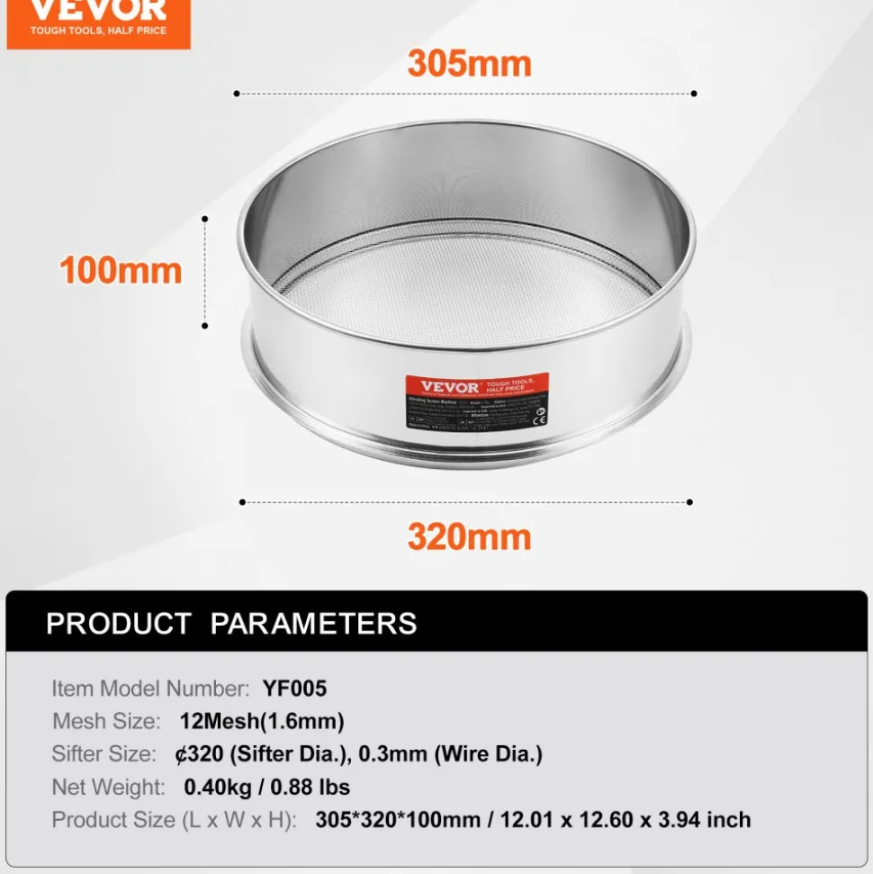 VEVOR Flour Sieve Fine Mesh, 12 Mesh Flour Sifter, 304 Stainless Steel Fine Mesh Sifter Food-grade, Dia. 12.6" Fine Mesh Strainers for Baking, 5 Sizes Mesh hole for Mungbean, Rice, Flour, Pearl Powder