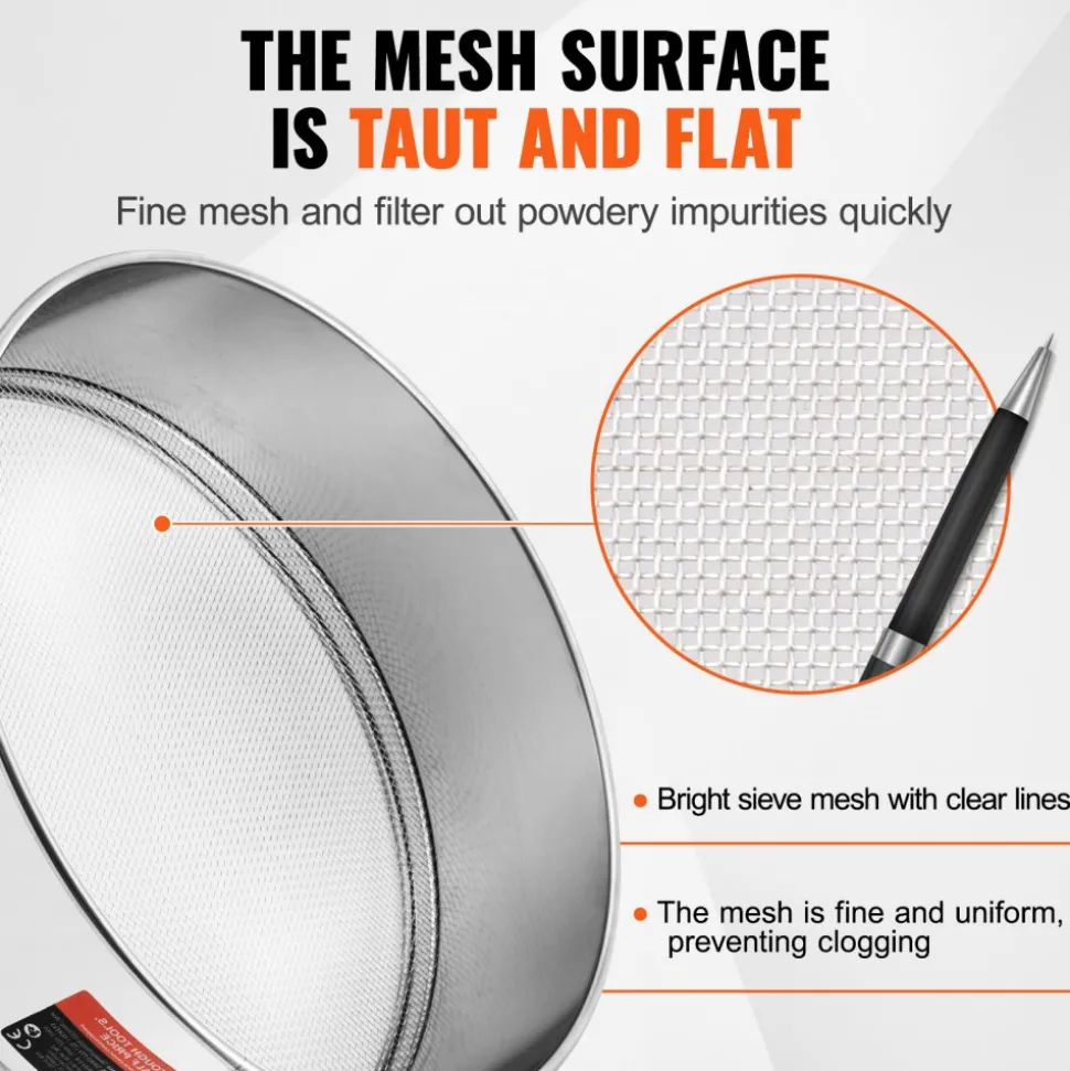 VEVOR Flour Sieve Fine Mesh, 12 Mesh Flour Sifter, 304 Stainless Steel Fine Mesh Sifter Food-grade, Dia. 12.6" Fine Mesh Strainers for Baking, 5 Sizes Mesh hole for Mungbean, Rice, Flour, Pearl Powder