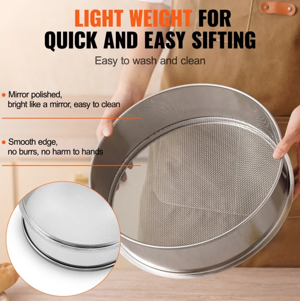 VEVOR Flour Sieve Fine Mesh, 12 Mesh Flour Sifter, 304 Stainless Steel Fine Mesh Sifter Food-grade, Dia. 12.6" Fine Mesh Strainers for Baking, 5 Sizes Mesh hole for Mungbean, Rice, Flour, Pearl Powder