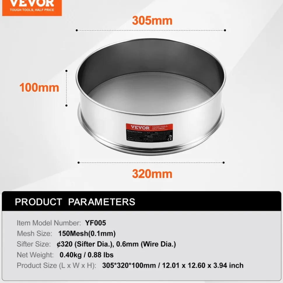 VEVOR Flour Sieve Fine Mesh, 150 Mesh Flour Sifter, 304 Stainless Steel Fine Mesh Sifter Food-grade, 12.6" Fine Mesh Strainers for Baking, 5 Sizes Mesh hole for Mungbean, Rice, Flour, Pearl Powder
