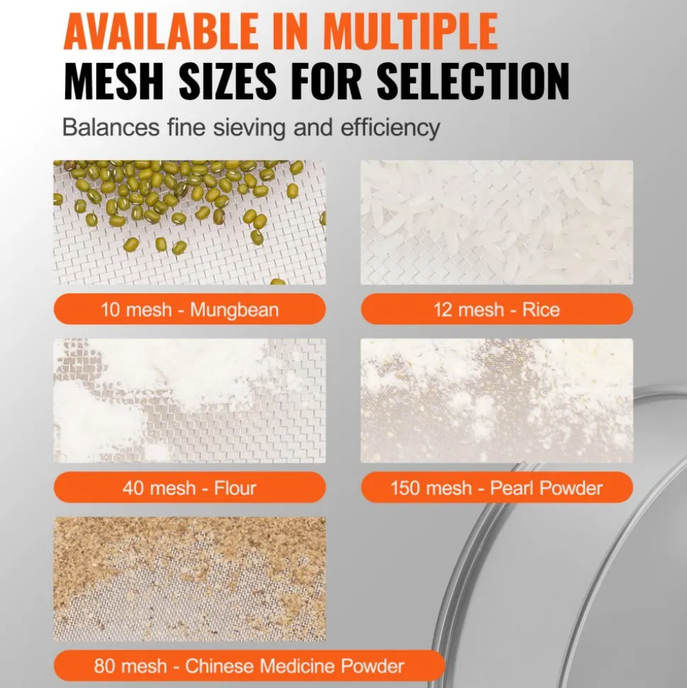 VEVOR Flour Sieve Fine Mesh, 40 Mesh Flour Sifter, 304 Stainless Steel Fine Mesh Sifter Food-grade, Dia. 12.6" Fine Mesh Strainers for Baking, 5 Sizes Mesh hole for Mungbean, Rice, Flour, Pearl Powder