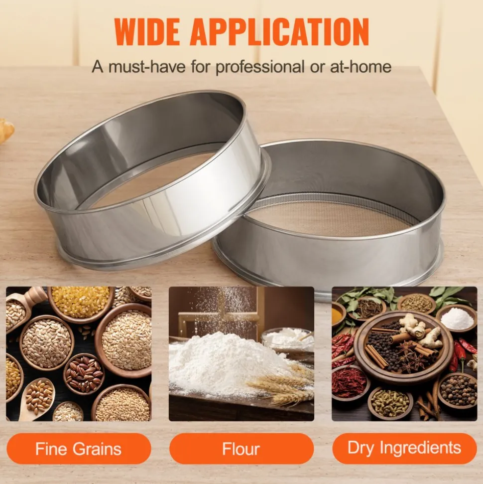 VEVOR Flour Sieve Fine Mesh, 80 Mesh Flour Sifter, 304 Stainless Steel Fine Mesh Sifter Food-grade, Dia. 12.6" Fine Mesh Strainers for Baking, 5 Sizes Mesh hole for Mungbean, Rice, Flour, Pearl Powder