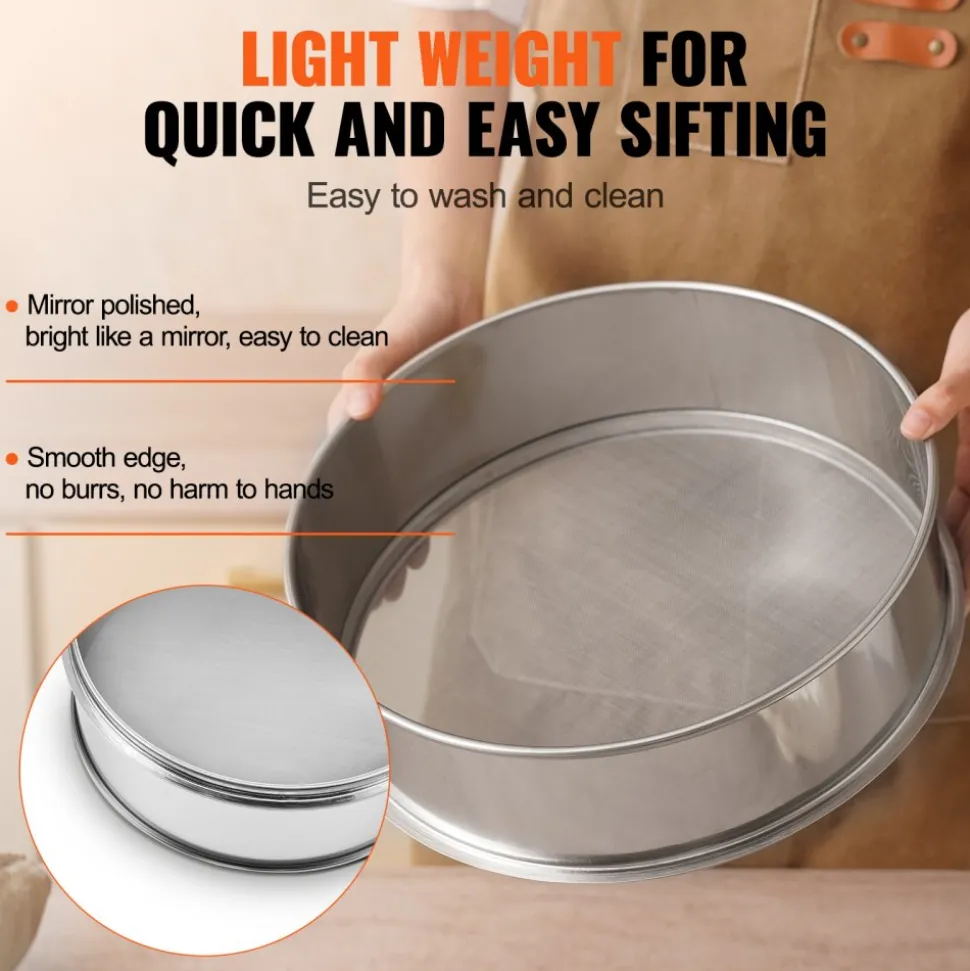 VEVOR Flour Sieve Fine Mesh, 80 Mesh Flour Sifter, 304 Stainless Steel Fine Mesh Sifter Food-grade, Dia. 12.6" Fine Mesh Strainers for Baking, 5 Sizes Mesh hole for Mungbean, Rice, Flour, Pearl Powder