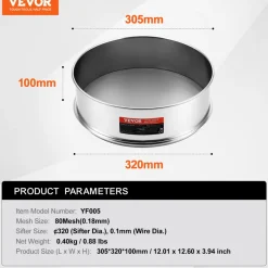VEVOR Flour Sieve Fine Mesh, 80 Mesh Flour Sifter, 304 Stainless Steel Fine Mesh Sifter Food-grade, Dia. 12.6