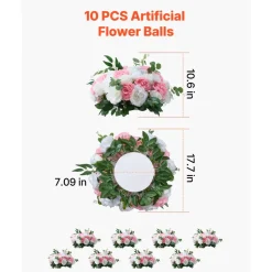 VEVOR Flower Ball Arrangement Bouquet 10 PCS, 17.7-Inch Diameter Artificial Flower Balls Wedding Table Centerpieces, Rose Arrangements for Wedding Centerpiece Home Decorations, Pink and White Roses