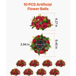 VEVOR Flower Balls Arrangement Bouquet 10 PCS, 9.5-Inch Wedding Red Roses Centerpieces, Fake Flowers Kissing Balls Decor Artificial Floral Arrangements Flower Bouquet for Home Party Table Decorations