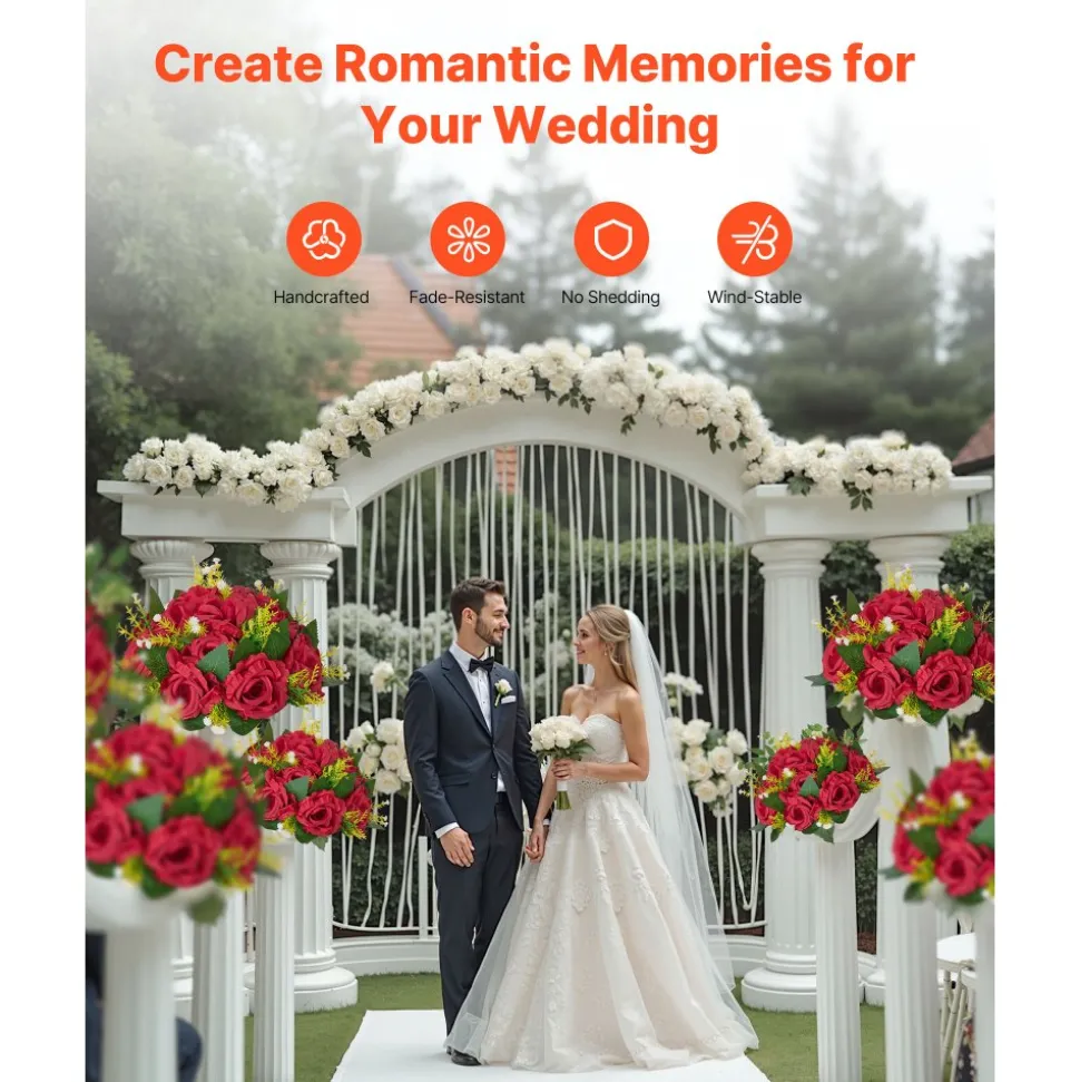 VEVOR Flower Balls Arrangement Bouquet 10 PCS, 9.5-Inch Wedding Red Roses Centerpieces, Fake Flowers Kissing Balls Decor Artificial Floral Arrangements Flower Bouquet for Home Party Table Decorations