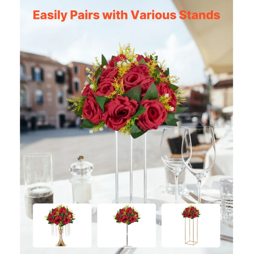 VEVOR Flower Balls Arrangement Bouquet 10 PCS, 9.5-Inch Wedding Red Roses Centerpieces, Fake Flowers Kissing Balls Decor Artificial Floral Arrangements Flower Bouquet for Home Party Table Decorations
