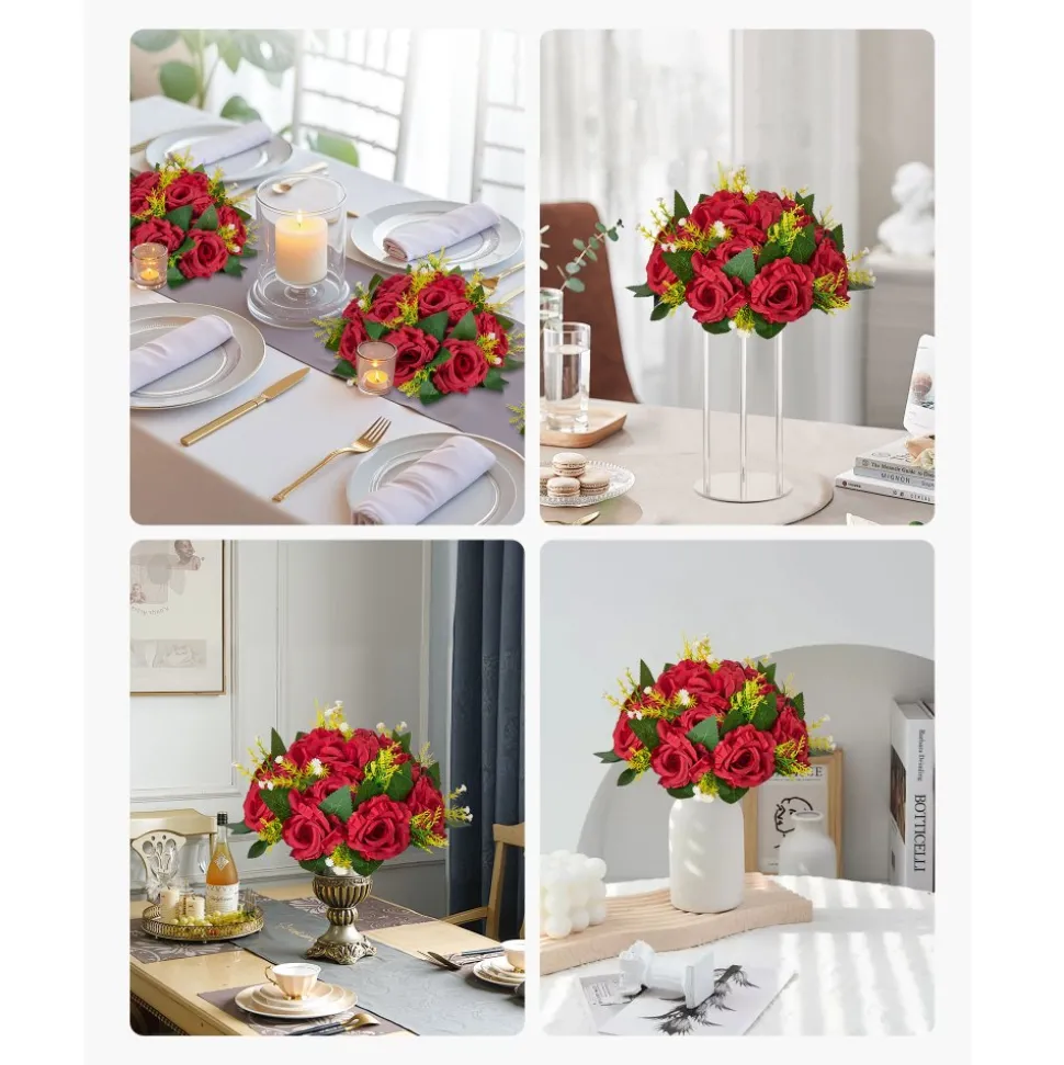 VEVOR Flower Balls Arrangement Bouquet 10 PCS, 9.5-Inch Wedding Red Roses Centerpieces, Fake Flowers Kissing Balls Decor Artificial Floral Arrangements Flower Bouquet for Home Party Table Decorations