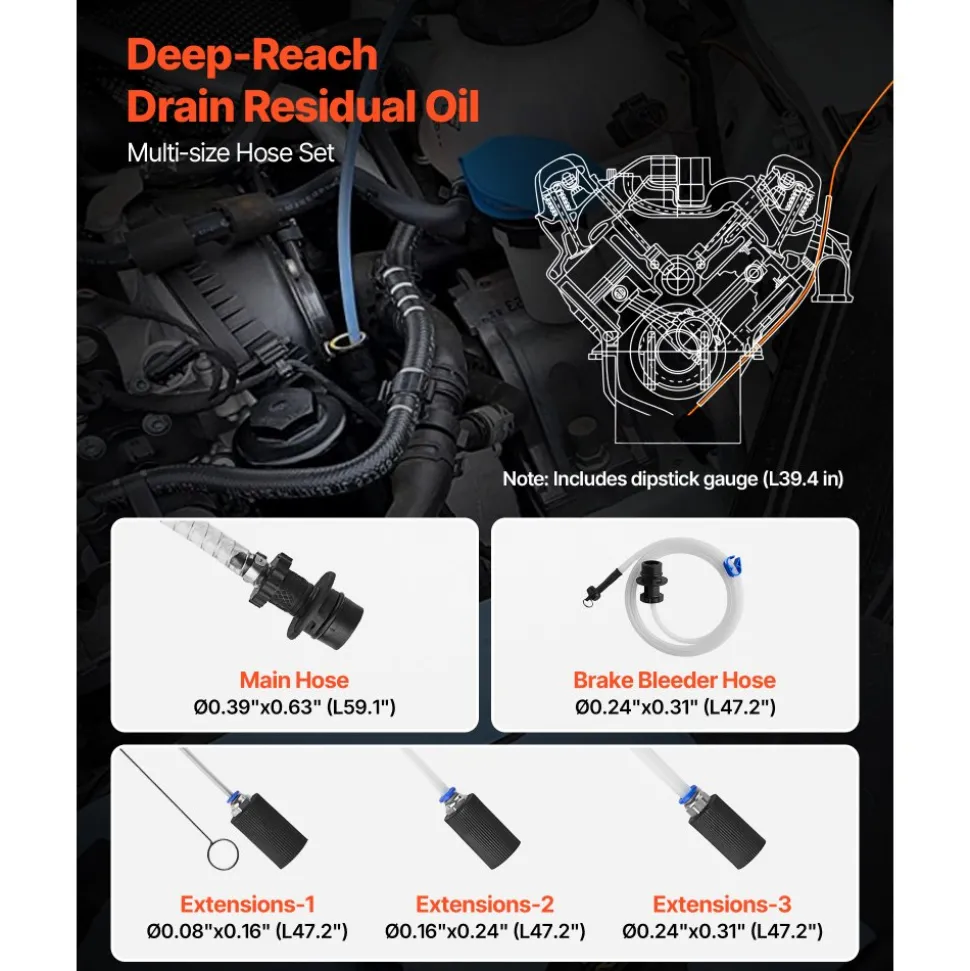 VEVOR Fluid Extractor, 9.5 L Capacity, Manual Vacuum Oil Extractor Pump with 59 in Long Horse & Three 47 in Extension Tubes, Oil Change Pump with HDPE Tank for Cars, Lawn Mowers, Boats, Motorcycles