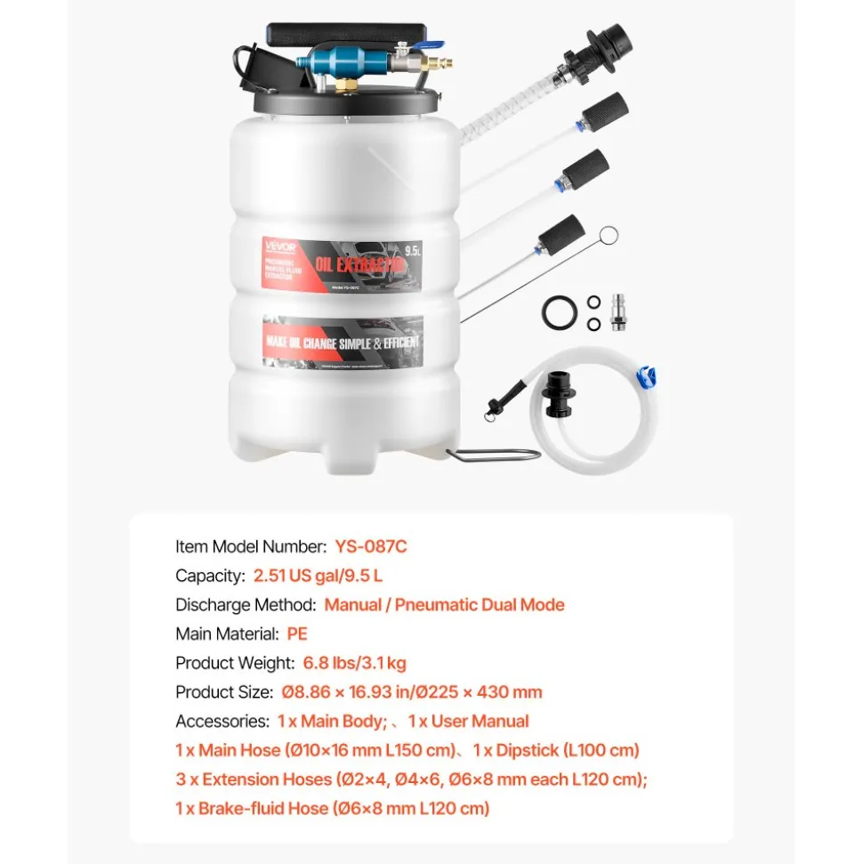 VEVOR Fluid Extractor, 9.5 L Capacity, Pneumatic/Manual Vacuum Oil Extractor Pump with 59 in Long Horse & Three 47 in Extension Tubes, Oil Change Pump with PE Tank for Cars, Lawn Mowers, Boats