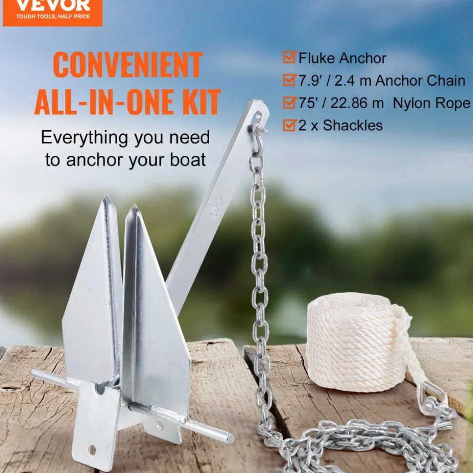 VEVOR Fluke Style Anchor Kit, 8.5 LBS Hot-Dipped Galvanized Steel Fluke Anchor with 7.9' Chain, 75' Rope and Two 0.4" Shackles, Marine Boat Anchor for Small Vessels Under 18', Seas, Rivers and Shores