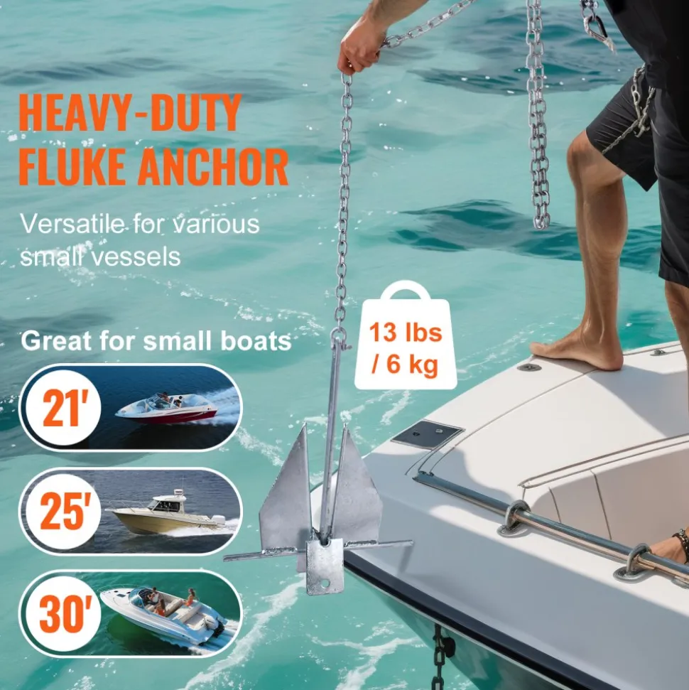VEVOR Fluke Style Anchor Kit, 13 LBS Hot-Dipped Galvanized Steel Fluke Anchor with 7.9' Chain, 101' Rope and Two 0.4" Shackles, Marine Boat Anchor for Small Vessels Under 30', Seas, Rivers and Shores
