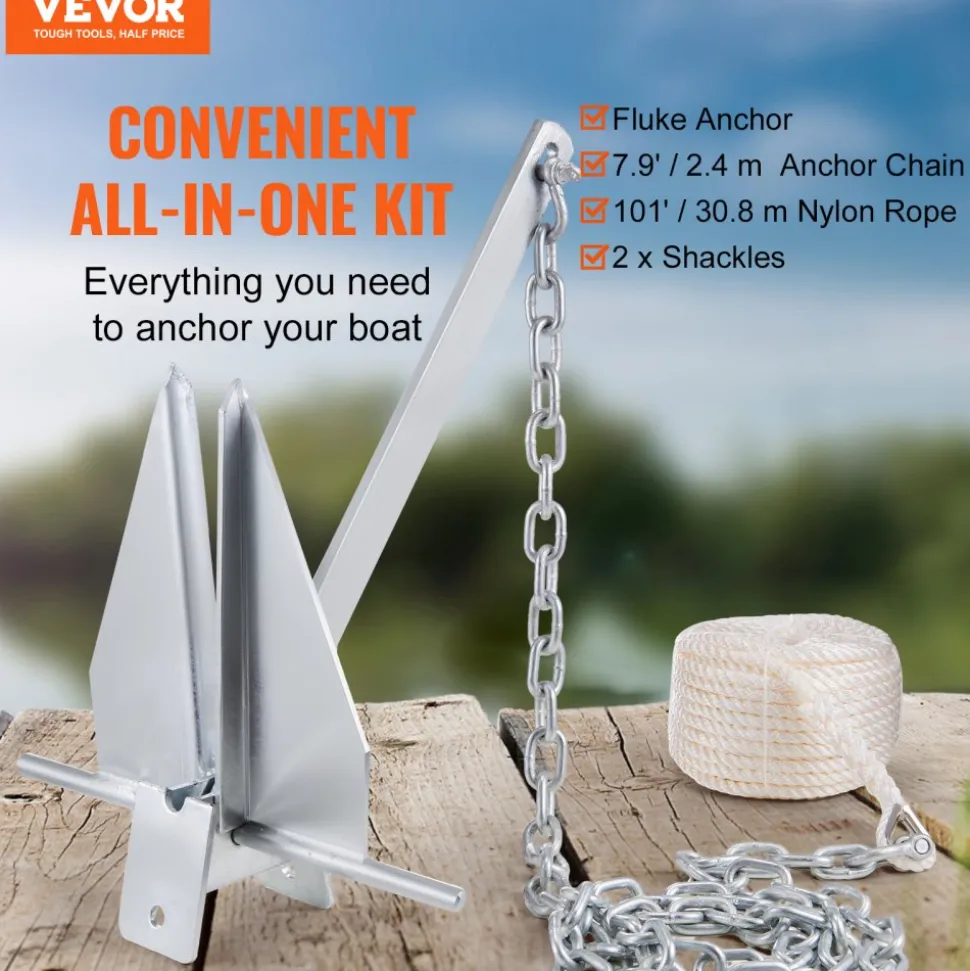 VEVOR Fluke Style Anchor Kit, 13 LBS Hot-Dipped Galvanized Steel Fluke Anchor with 7.9' Chain, 101' Rope and Two 0.4" Shackles, Marine Boat Anchor for Small Vessels Under 30', Seas, Rivers and Shores