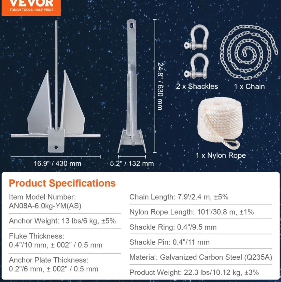 VEVOR Fluke Style Anchor Kit, 13 LBS Hot-Dipped Galvanized Steel Fluke Anchor with 7.9' Chain, 101' Rope and Two 0.4" Shackles, Marine Boat Anchor for Small Vessels Under 30', Seas, Rivers and Shores