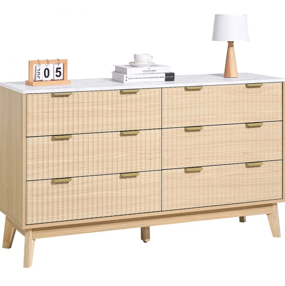 VEVOR 6 Fluted Drawer Dresser, Wooden Chest of Drawers with Sliding & Anti-tip Device, Modern Minimalist Dresser Chest, Fluted Closet Storage for Living Room, Hallway, Bedroom, Entryway, Light Wood