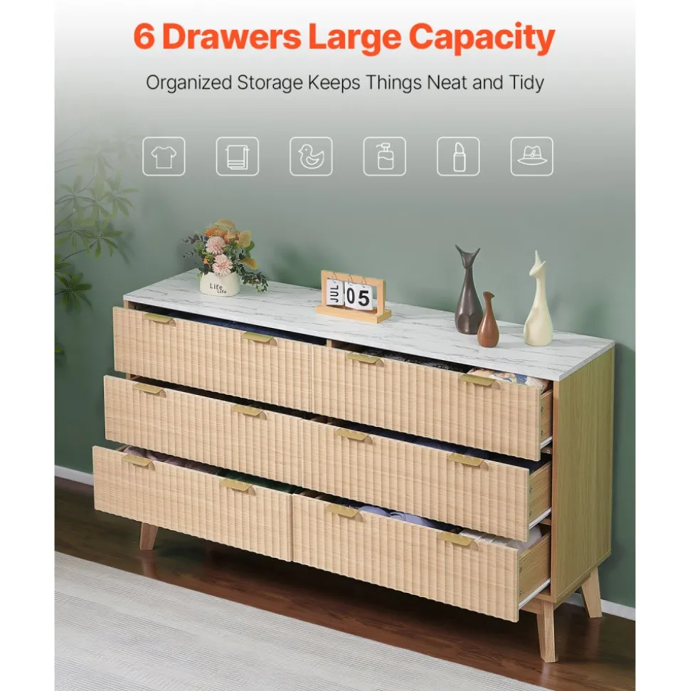 VEVOR 6 Fluted Drawer Dresser, Wooden Chest of Drawers with Sliding & Anti-tip Device, Modern Minimalist Dresser Chest, Fluted Closet Storage for Living Room, Hallway, Bedroom, Entryway, Light Wood