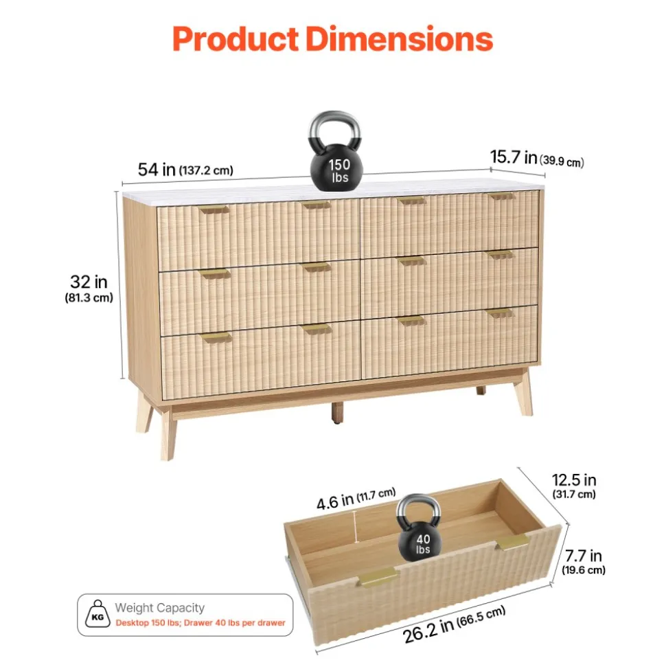 VEVOR 6 Fluted Drawer Dresser, Wooden Chest of Drawers with Sliding & Anti-tip Device, Modern Minimalist Dresser Chest, Fluted Closet Storage for Living Room, Hallway, Bedroom, Entryway, Light Wood