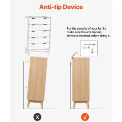VEVOR 5 Fluted Drawer Dresser, Wooden Chest of Drawers with Sliding & Anti-tip Device, Modern Minimalist Dresser Chest, Closet Storage Organizer for Living Room, Hallway, Bedroom, Entryway, Light Wood
