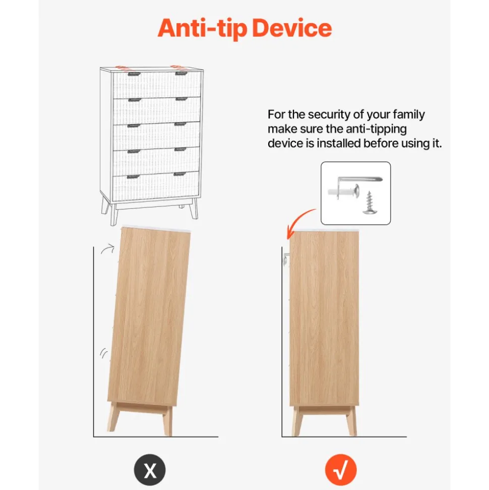 VEVOR 5 Fluted Drawer Dresser, Wooden Chest of Drawers with Sliding & Anti-tip Device, Modern Minimalist Dresser Chest, Closet Storage Organizer for Living Room, Hallway, Bedroom, Entryway, Light Wood