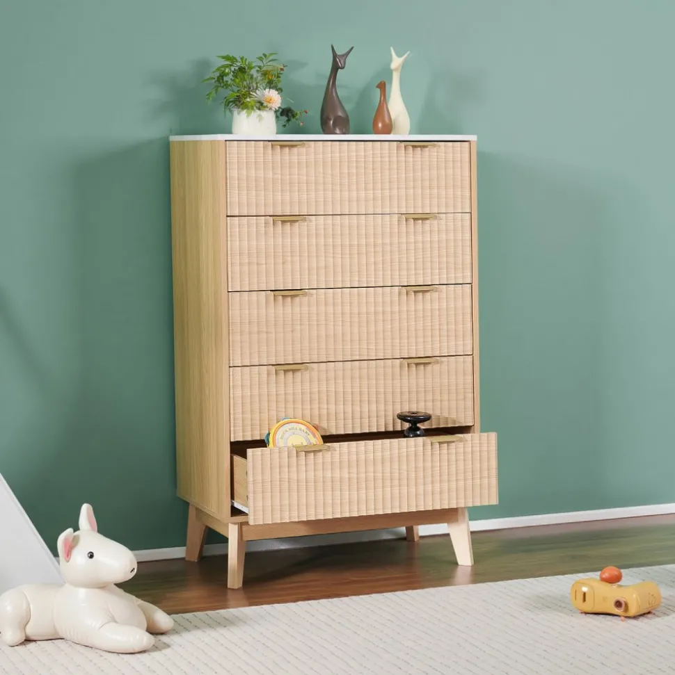 VEVOR 5 Fluted Drawer Dresser, Wooden Chest of Drawers with Sliding & Anti-tip Device, Modern Minimalist Dresser Chest, Closet Storage Organizer for Living Room, Hallway, Bedroom, Entryway, Light Wood