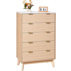 VEVOR 5 Fluted Drawer Dresser, Wooden Chest of Drawers with Sliding & Anti-tip Device, Modern Minimalist Dresser Chest, Closet Storage Organizer for Living Room, Hallway, Bedroom, Entryway, Light Wood