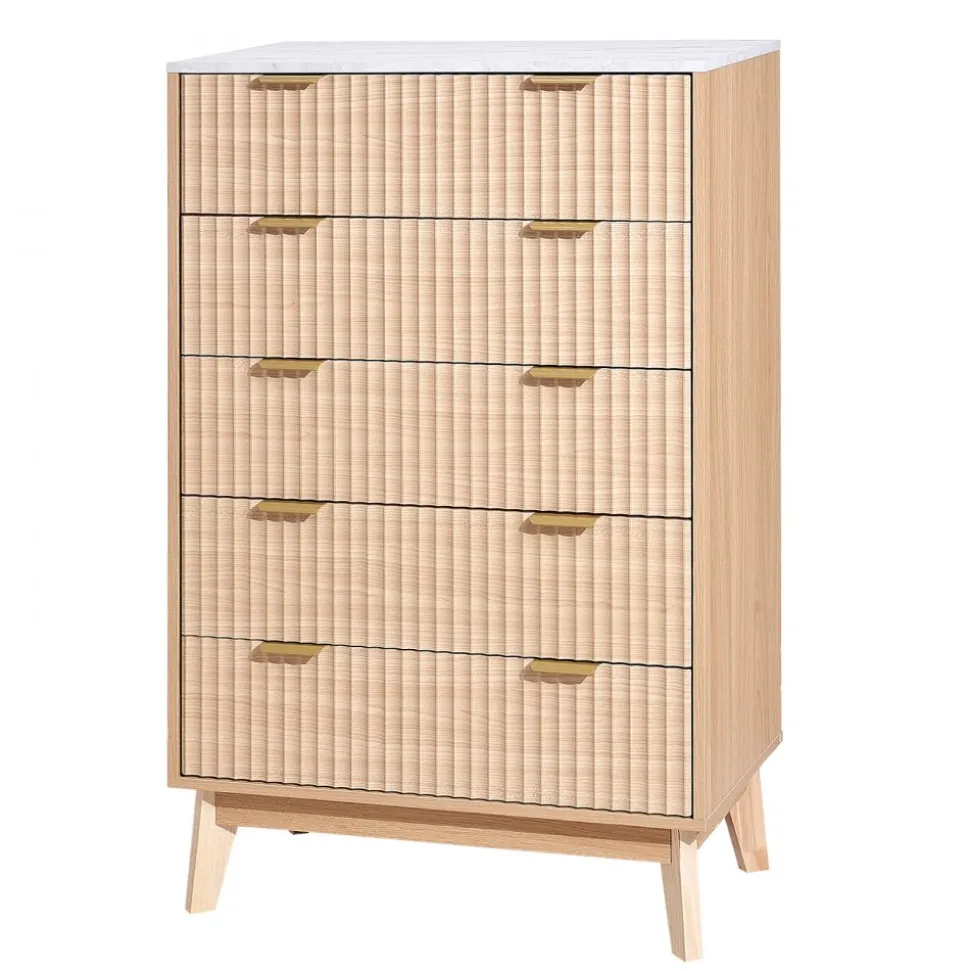 VEVOR 5 Fluted Drawer Dresser, Wooden Chest of Drawers with Sliding & Anti-tip Device, Modern Minimalist Dresser Chest, Closet Storage Organizer for Living Room, Hallway, Bedroom, Entryway, Light Wood