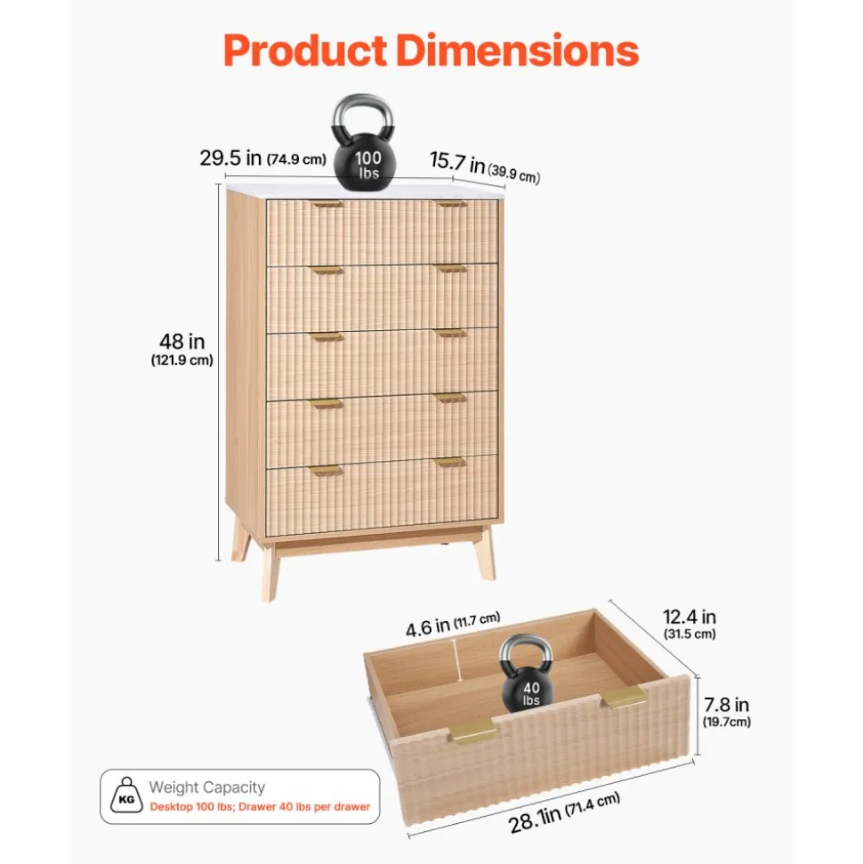 VEVOR 5 Fluted Drawer Dresser, Wooden Chest of Drawers with Sliding & Anti-tip Device, Modern Minimalist Dresser Chest, Closet Storage Organizer for Living Room, Hallway, Bedroom, Entryway, Light Wood
