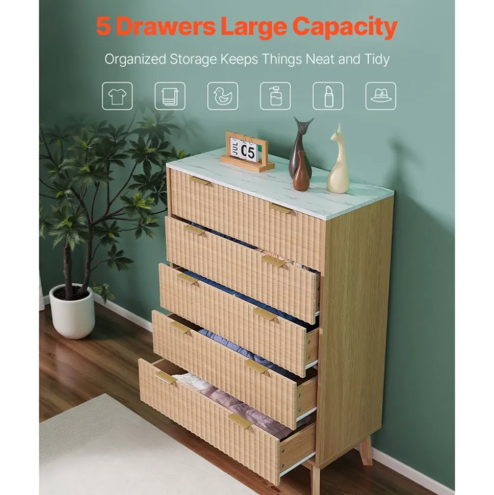 VEVOR 5 Fluted Drawer Dresser, Wooden Chest of Drawers with Sliding & Anti-tip Device, Modern Minimalist Dresser Chest, Closet Storage Organizer for Living Room, Hallway, Bedroom, Entryway, Light Wood