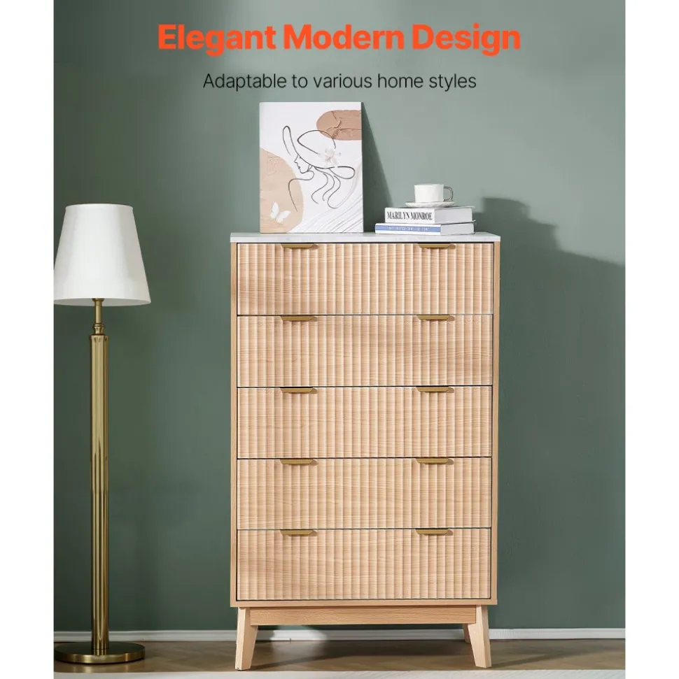 VEVOR 5 Fluted Drawer Dresser, Wooden Chest of Drawers with Sliding & Anti-tip Device, Modern Minimalist Dresser Chest, Closet Storage Organizer for Living Room, Hallway, Bedroom, Entryway, Light Wood