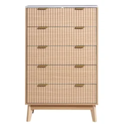 VEVOR 5 Fluted Drawer Dresser, Wooden Chest of Drawers with Sliding & Anti-tip Device, Modern Minimalist Dresser Chest, Closet Storage Organizer for Living Room, Hallway, Bedroom, Entryway, Light Wood